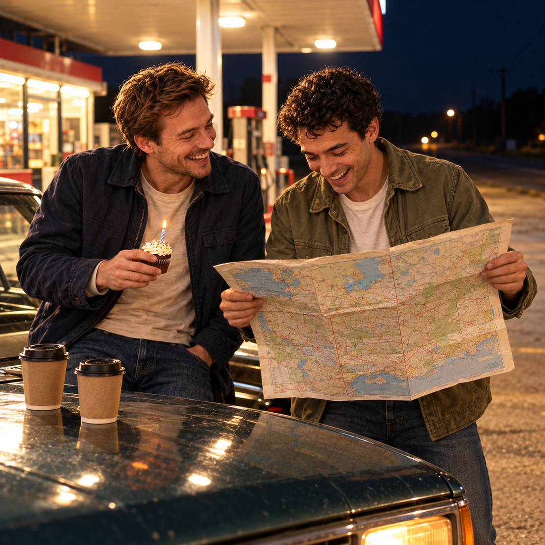 Illustrative road-trip memory of two adult friends laughing over a map and a cupcake at a late-night gas station