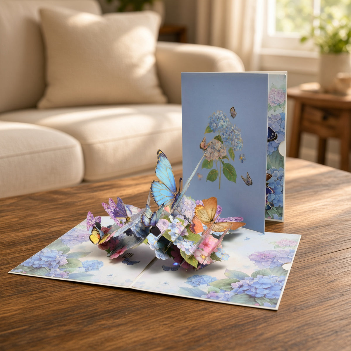 Blue Hydrangea Butterfly Pop Up Card | Handcrafted Musical Keepsake with Custom Song