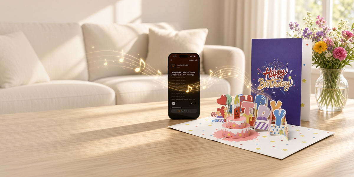EchoMory 3D pop-up birthday card beside a phone playing a personalized song