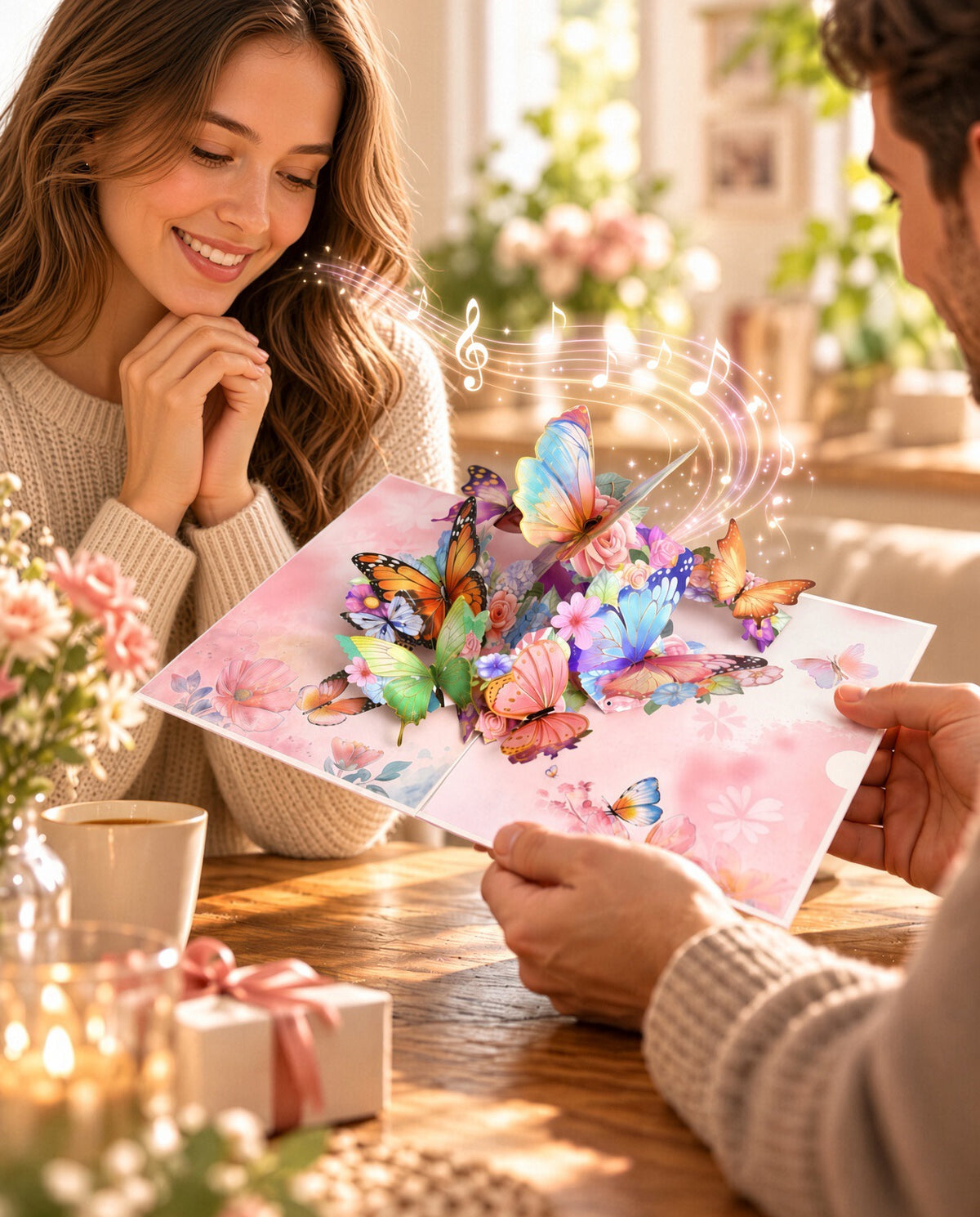 A woman receiving a pink floral pop-up greeting card from someone she loves