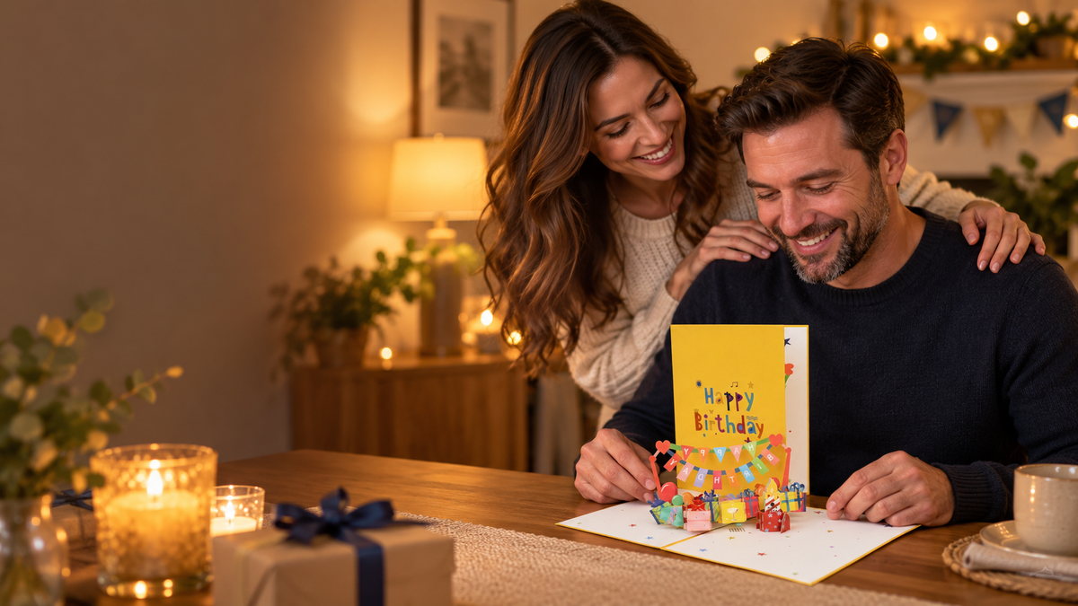 Husband smiles at a yellow EchoMory birthday pop-up card while his wife surprises him at home