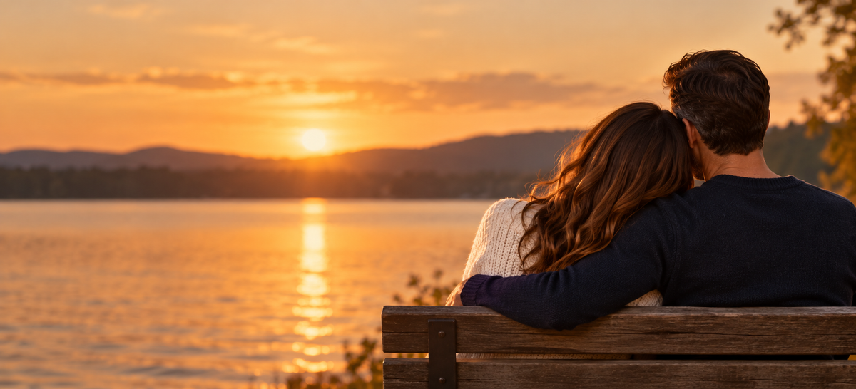 The same husband and wife sit together beside a lake at sunset