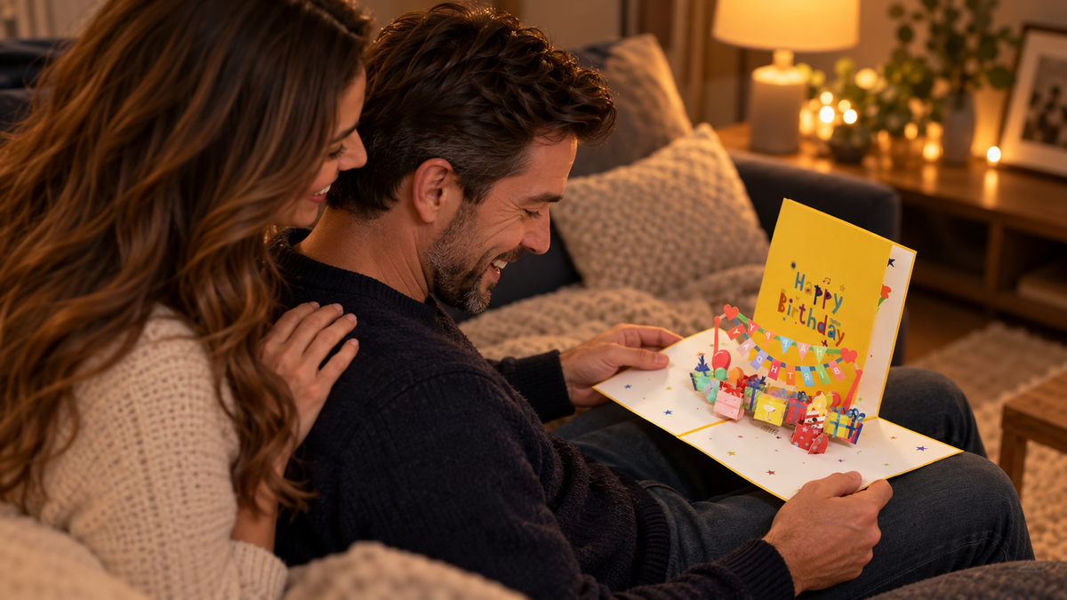 Husband opens the yellow EchoMory birthday pop-up card as his wife sits beside him