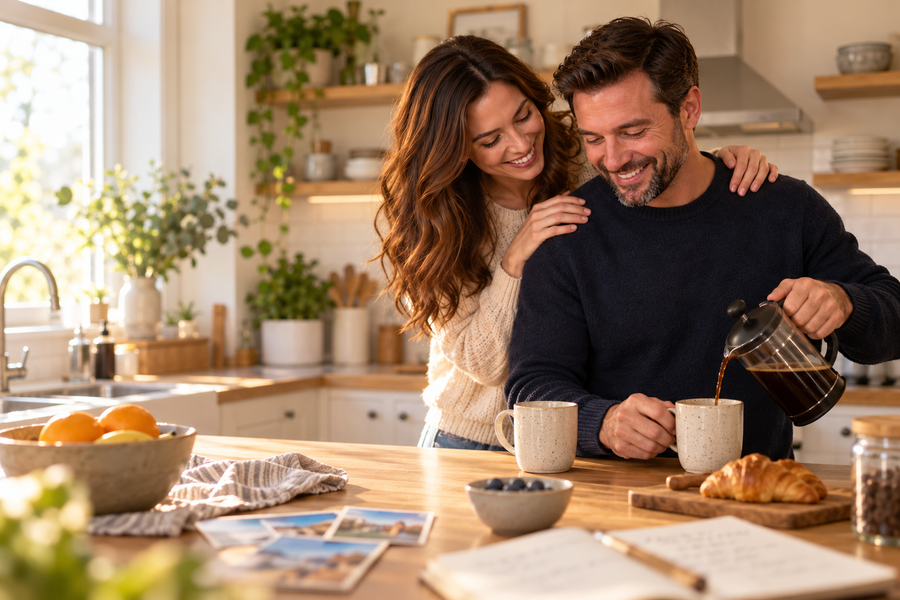 The same couple share a quiet coffee together in their kitchen