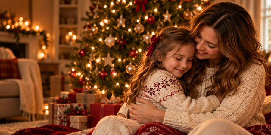 A mother and daughter sharing a quiet Christmas memory