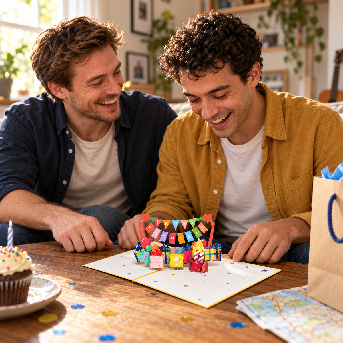Illustrative birthday moment with two adult friends opening a yellow pop-up song card