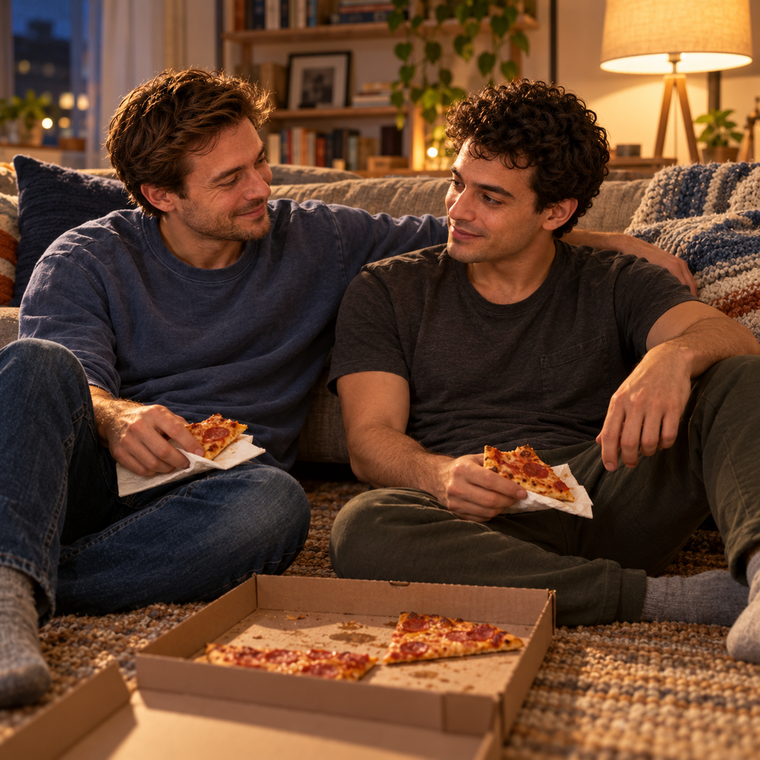 Illustrative memory of two adult friends sharing pizza on the floor during a difficult evening