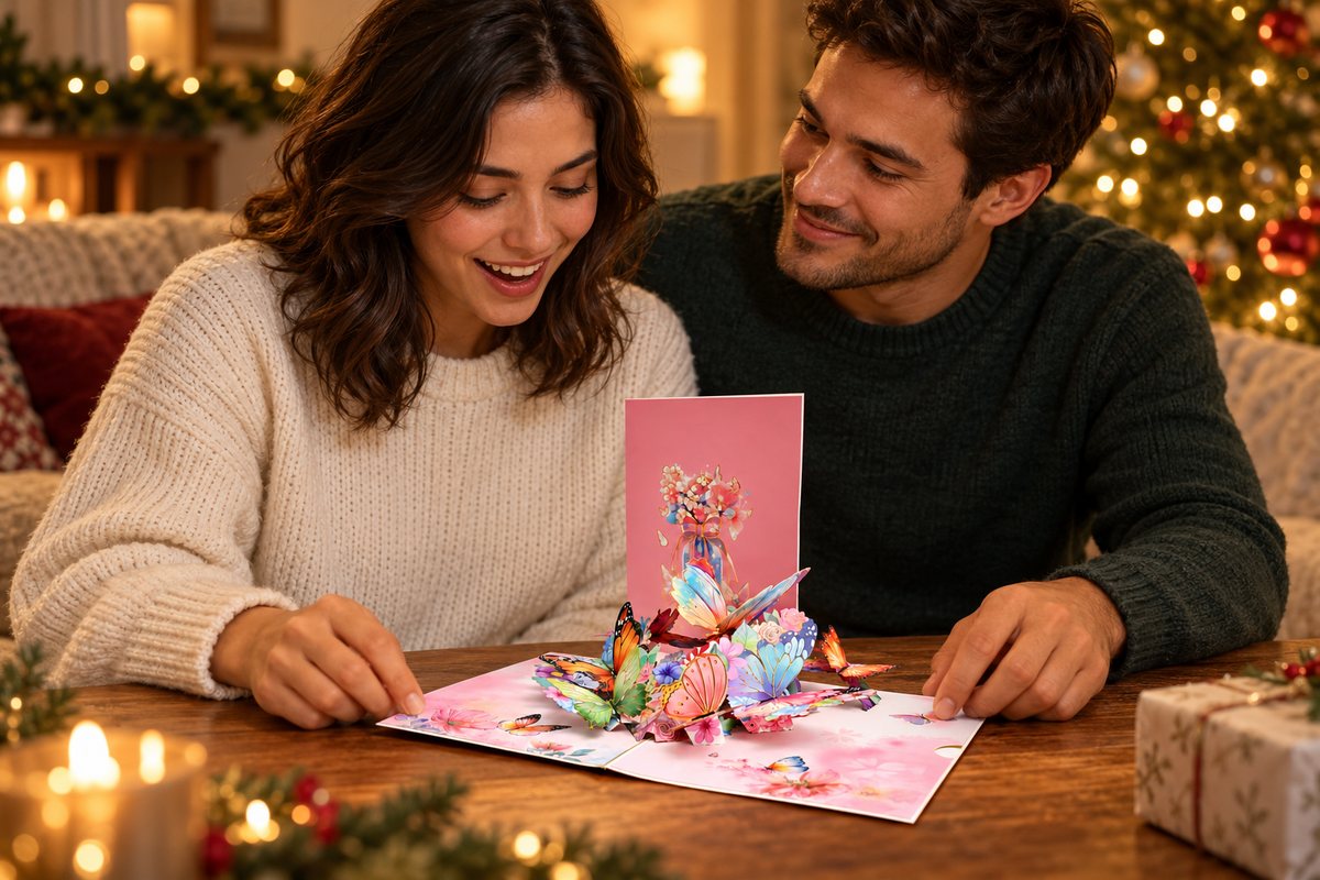 An illustrative Christmas moment with a couple opening the Pink Butterfly musical greeting card