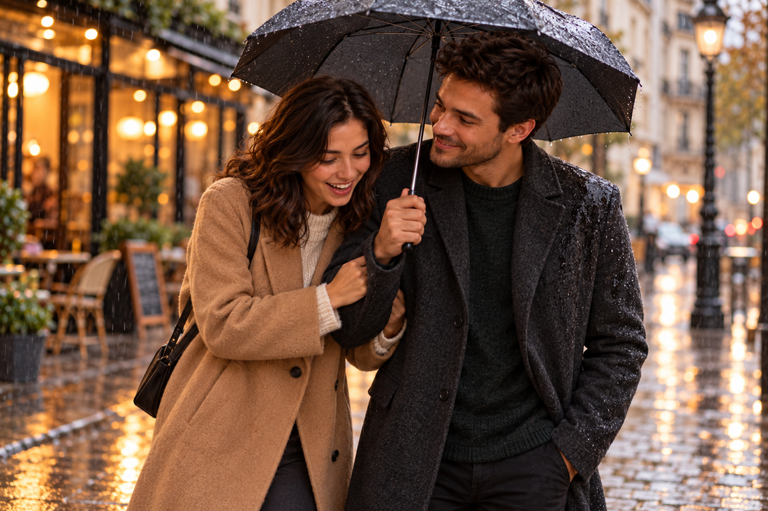 Illustrative memory of the same adult couple laughing under an umbrella on a rainy walk