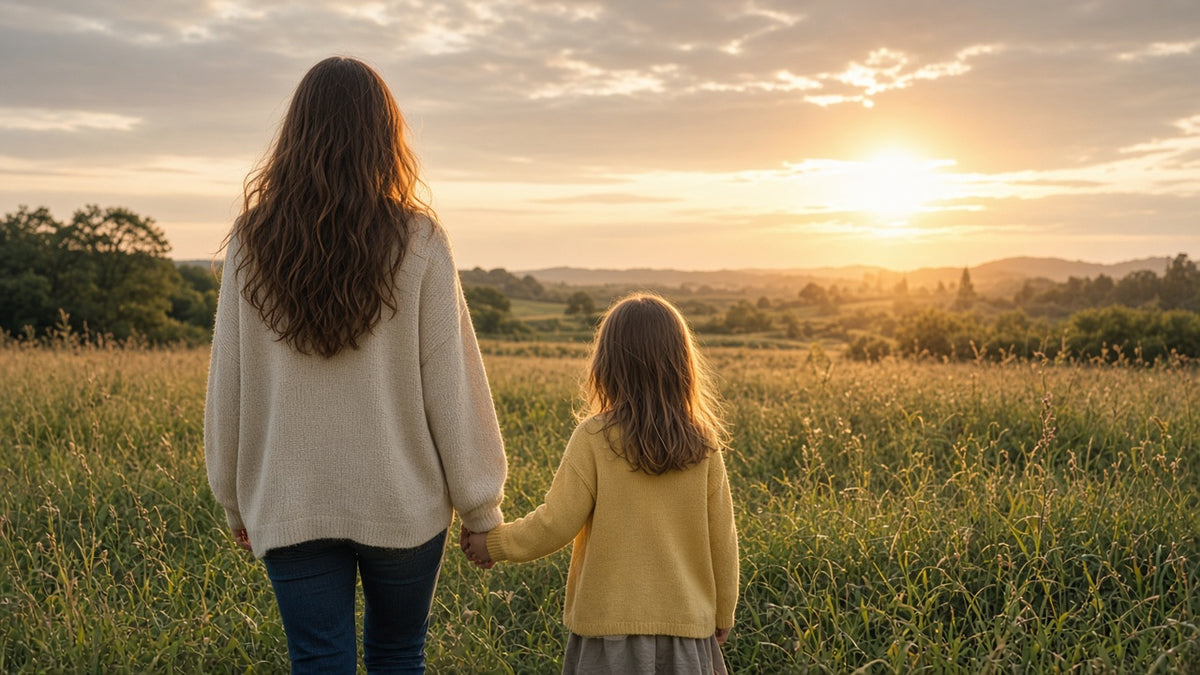 A mother and child hold hands in a sunlit field