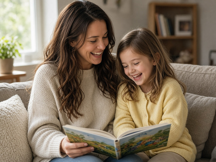 A mother and child read a picture book together