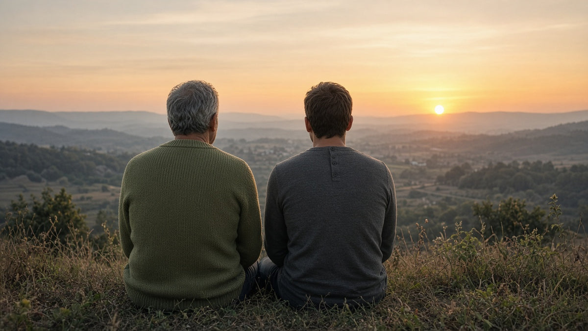 A father and son sit together looking over a valley