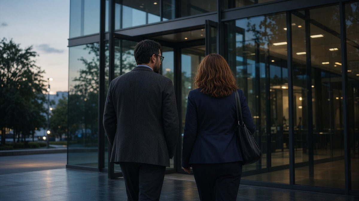 Two colleagues leave an office together at dusk