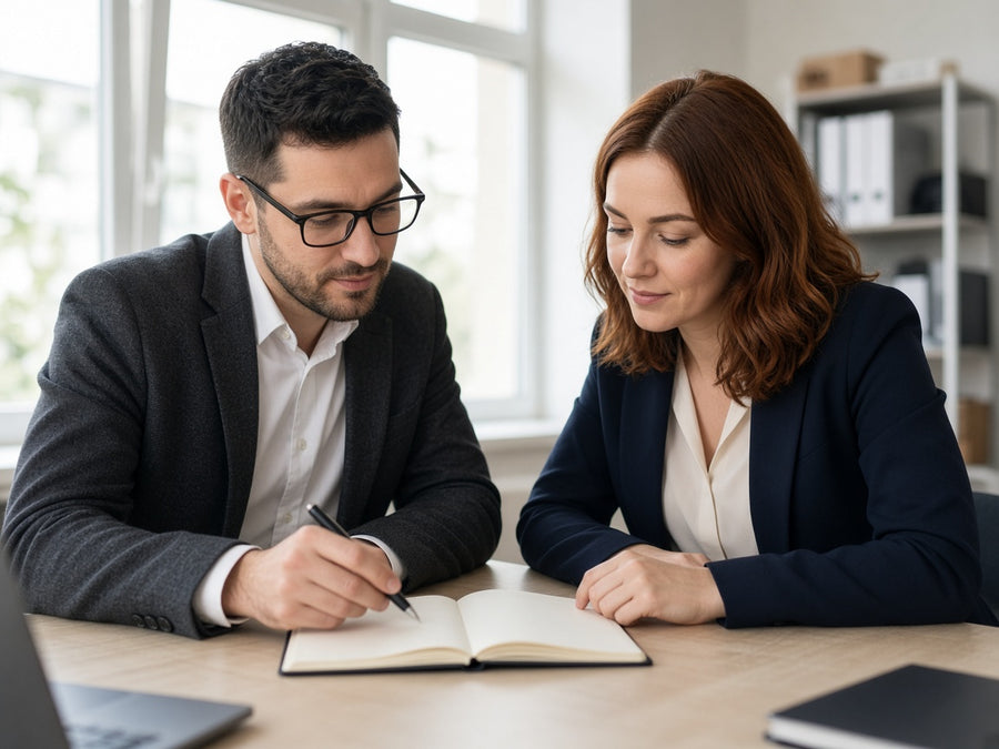 Two colleagues review notes together in a meeting