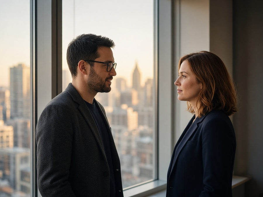 Two colleagues talk beside an office window