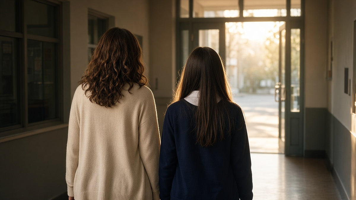 A teacher and student walk toward a sunlit school door