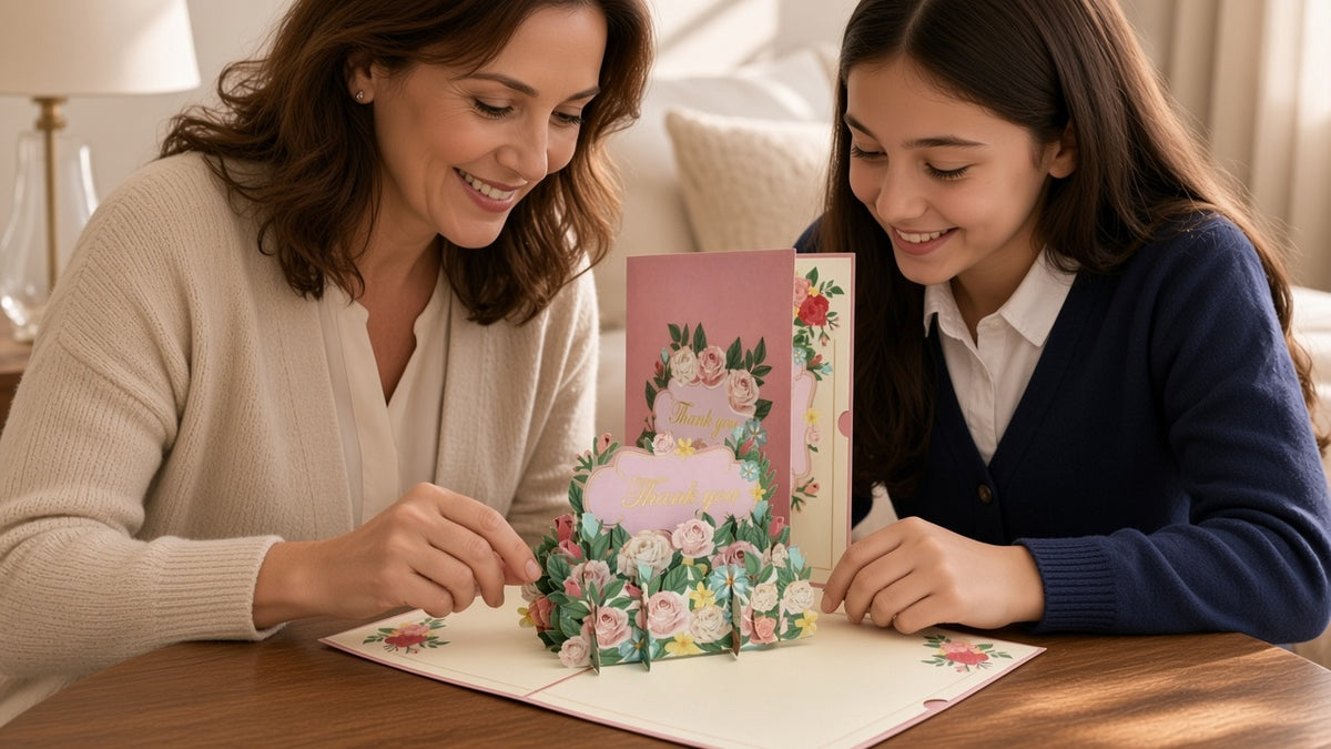 A student and teacher open a pink rose thank-you pop-up card