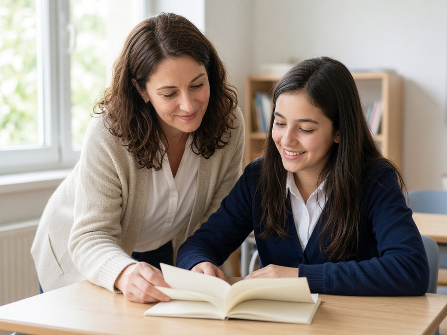 A teacher helps a student with a book in class