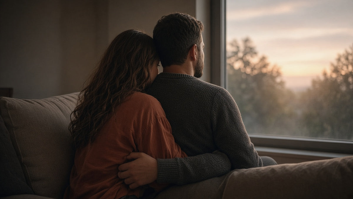 A couple sits together looking out a window