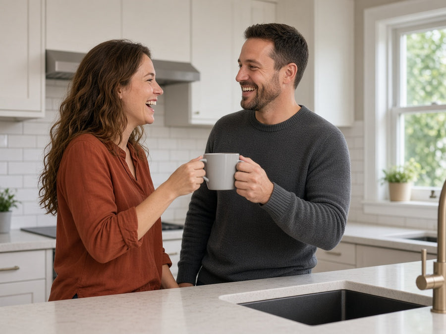 A couple laughs over coffee in the kitchen