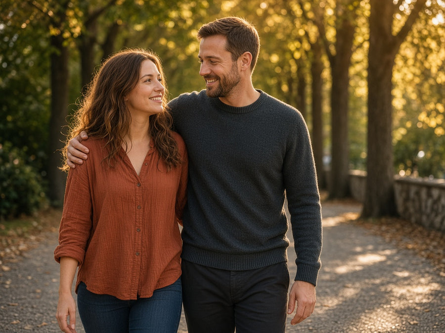 A couple walks together at golden hour