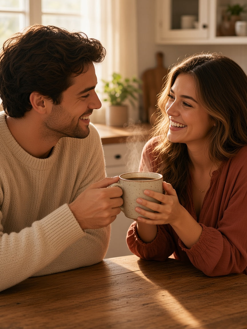 A couple sharing coffee at the kitchen table