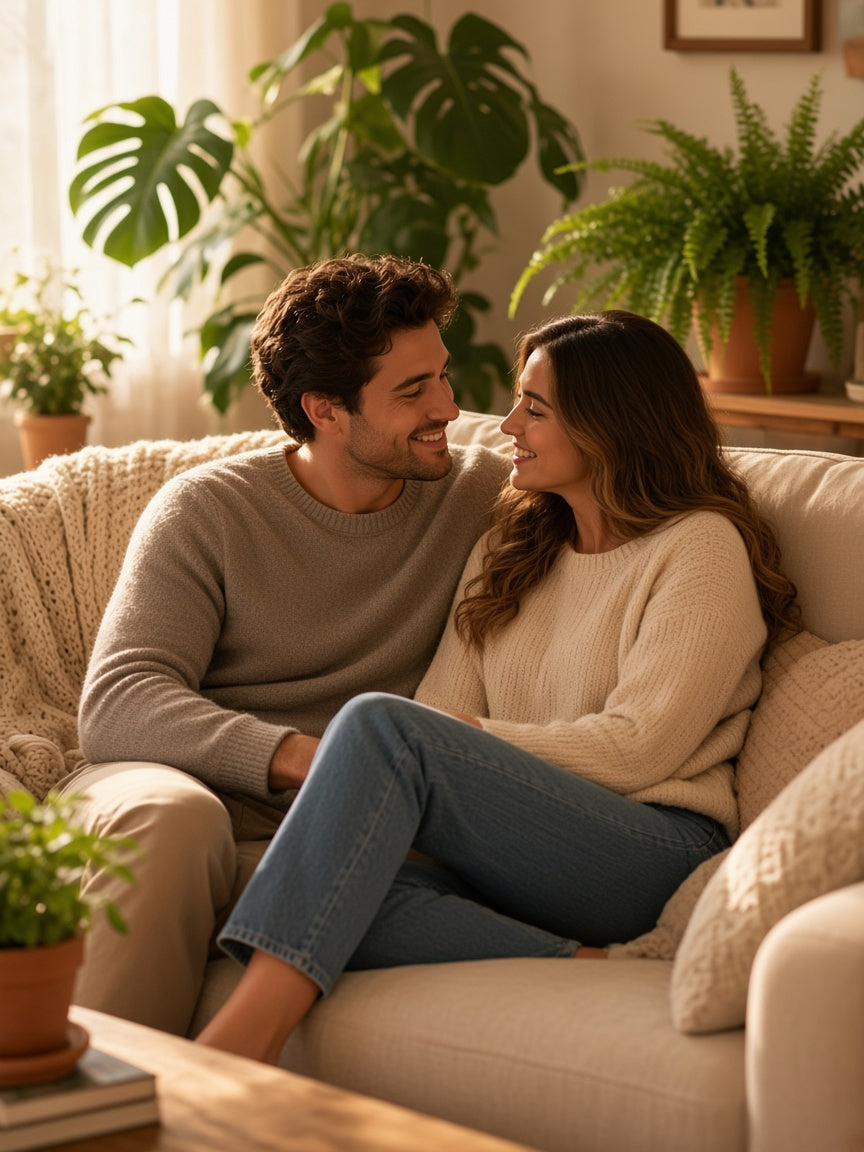 A couple talking together on the sofa