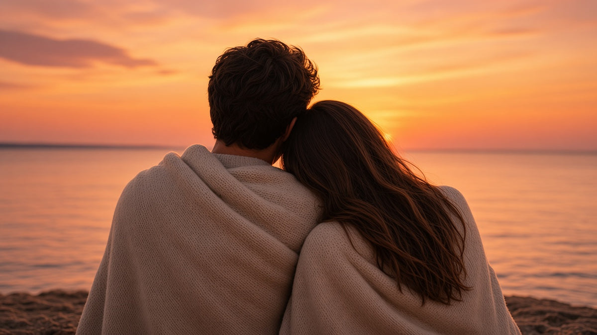 A couple watching the sunset, wrapped in a blanket